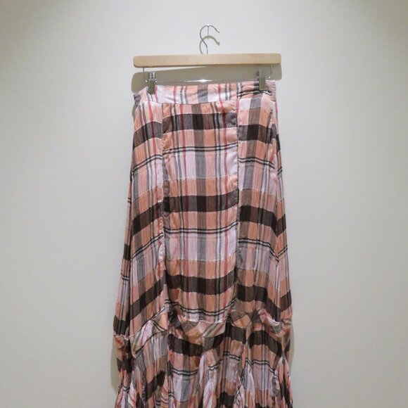 FREE PEOPLE Bordeaux Plaid Maxi Skirt in Pink Peach Grunge Boho Punk Peasant NWT - Picture 3 of 14